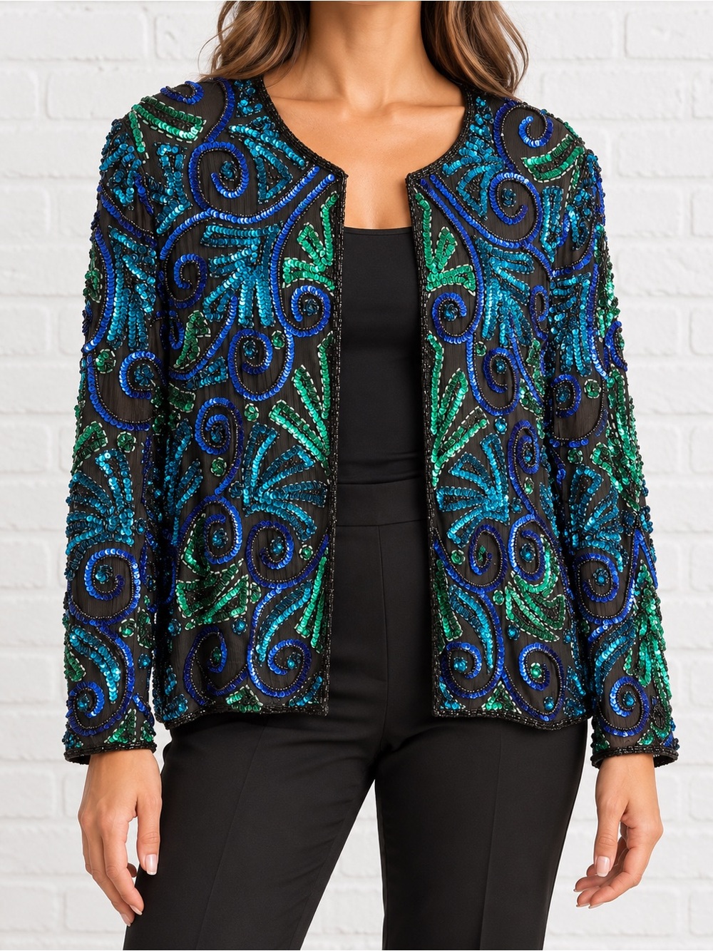 Vintage Laurence Kazar XL Silk Sequin Beaded Evening Jacket Blue Green